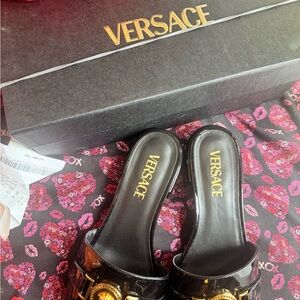 Versace Black Sandals with Gold Embellishments